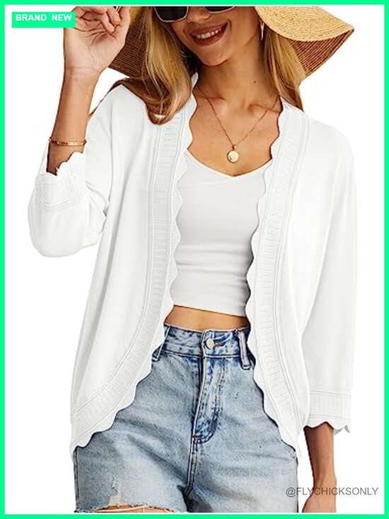 Sweaters - Women's Lightweight Knit Cropped Cardigan 3/4 Sleeve Summer Shrug